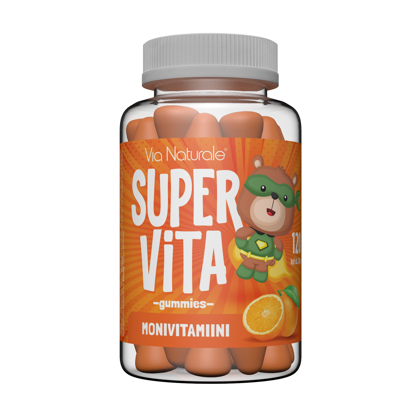Via Naturale SuperVita monivitamiini gummies 120 kpl – appelsiininmakuinen pureskeltava vitamiinivalmiste lapsille ja aikuisille