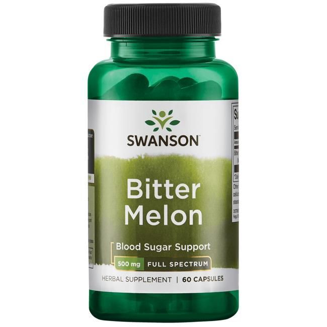Swanson Full Spectrum Bitter Melon; pullo Swanson-merkkiselle karvasmeloni-yrttiravintolisälle, merkitty verensokerin tueksi, 500 mg täysspektri, sisältää 60 kapselia; vihreä muovipullo kiiltäväpinnalla ja pyöreämuotoisena mustalla kierrekorkilla; etikettiteksti tummanvihreää ja valkoista sans-serif-fonttia; tuote kuvattu valkoista taustaa vasten, ei ihmisiä tai muita esineitä.