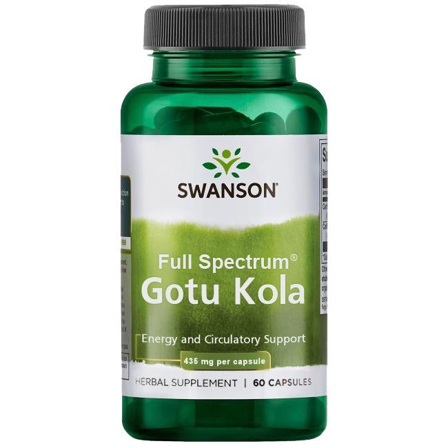Swanson Full Spectrum Gotu Kola; vihreä muovipullo Swanson Full Spectrum Gotu Kola -yrttiravintolisälle mattapinnalla, lieriön muotoinen vihreällä kierrekorkilla; valkoinen etiketti tummanvihreällä ja kultaisella lihavoidulla sans-serif-fontilla; etiketti mainitsee energian, verenkierron tuen ja kognitiivisen toiminnan; 60 kapselia à 435 mg; pullo valkoista taustaa vasten, tuotekuva ilman muita esineitä.