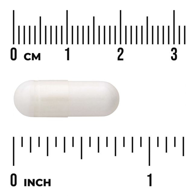Swanson GABA -kapseli mitta-asteikolla – pituus noin 19 mm
