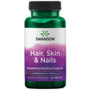 Swanson Hair, Skin & Nails; vihreä muovipullo violetilla mattaetiketillä, näyttää tekstin ”Swanson Hair, Skin & Nails” ravintolisälle, sisältää 60 tablettia; etiketti valkoisella groteskitekstillä tuotenimestä ja perustiedoista; pullo sylinterin muotoinen kierrekorkilla; tausta valkoinen, kuva otettu edestäpäin ilman ihmisiä tai käsiä.