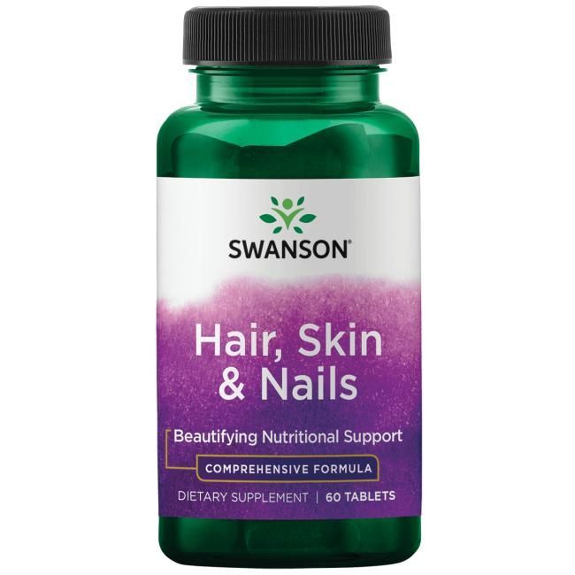 Swanson Hair, Skin & Nails; vihreä muovipullo violetilla mattaetiketillä, näyttää tekstin ”Swanson Hair, Skin & Nails” ravintolisälle, sisältää 60 tablettia; etiketti valkoisella groteskitekstillä tuotenimestä ja perustiedoista; pullo sylinterin muotoinen kierrekorkilla; tausta valkoinen, kuva otettu edestäpäin ilman ihmisiä tai käsiä.