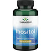 Swanson Inositol; pullo Swanson Inositol -ravintolisälle, merkitty hermoston terveydelle ja yleiselle hyvinvoinnille, 650 mg kapselia kohden, 100 kapselia; pullo lieriön muotoinen tummanvihreää muovia kiiltäväpinnalla; sininen ja valkoinen etiketti selkeällä sans-serif-typografialla; ei ihmisiä tai käsiä; tausta valkoinen tasaisessa valaistuksessa.