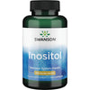 A bottle of Swanson Inositol supplement, labeled for nervous system health and wellness support, 650 mg per capsule, 100 capsules. The bottle is cylindrical and made of dark green plastic with a glossy finish. The blue and white label features clear, sans-serif typography. No people or hands are present. The background is plain white with even lighting.