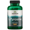Swanson L-Tyrosine; vihreä muovipullo mattapinnalla, lieriön muotoinen tummanvihreällä korkilla suljettuna; etiketissä selkeää sans-serif-tekstiä valkoisena, kultaisena ja mustana; Swanson-brändinimi näkyvästi yläosassa; etiketti listaa: "Brain Health, 500 mg, 100 capsules, supports healthy cognitive function"; valkoinen tausta, ei ihmisiä tai muita esineitä.