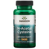 Swanson NAC N-Acetyl Cysteine 600 mg; vihreä muovipullo mattapintaisena ja pyöreähkönä; valkois-turkoosi paperietiketti kultaisin korostusviivoin, lihavoitu groteskifontti tuotenimessä ja pienempi groteskiteksti tiedoissa: antioksidanttituki, 600 mg, ravintolisä, 100 kapselia; valkoinen tausta, ei ihmisiä tai toimintaa.