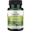 Swanson Shilajit Extract 400 mg; pullo, sisältää fulvohappoa, 400 mg per kapseli, laadunvarmistettu, 60 kasviskapselia; pullo on sylinterinmuotoinen tummanvihreää muovia kiiltäväpinnalla ja mustalla kierrekorkilla; etiketti on valkoinen ja beige lihavoiduin serif- ja groteskikirjasimin; kuva näyttää koko tuotteen pystyssä valkoisella studiotaustalla, ei ihmisiä tai käsiä näkyvissä.