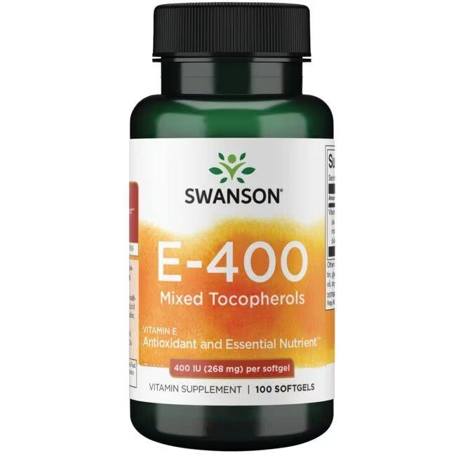 A bottle of Swanson E-400 Mixed Tocopherols vitamin E supplement with 100 softgels, each providing 400 IU (268 mg) per softgel for antioxidant and essential nutrient support, featuring a potent blend of tocopherols. Plastic cylindrical bottle with a green cap and glossy label; label text includes brand name, product name, dosage information; mostly white background; studio shot.