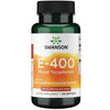 Swanson Vitamin E Mixed Tocopherols 400IU; pullo tekstillä "E-400 Mixed Tocopherols", 100 pehmeäkapselia à 400 IU (268 mg), antioksidanttinen ja välttämättömiä ravintoaineita tukeva, monipuolinen tokoferoliyhdistelmä; muovinen, lieriön muotoinen pullo vihreällä korkilla ja kiiltäväpintaisella etiketillä; brändinimi, tuotenimi ja annostustiedot näkyvissä; valkoinen tausta, studiokuva.