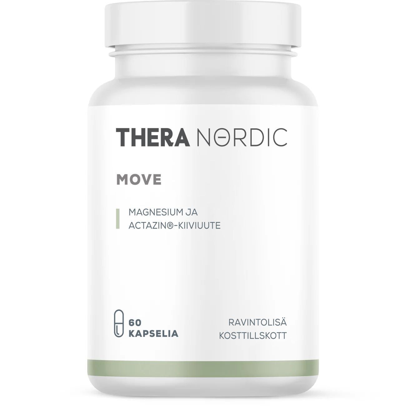 THERA Nordic Move; valkoinen pullo tekstillä THERA NORDIC MOVE, tietoa magnesiumista ja actazin-kiiviuutteesta, sisältää 60 kapselia; etiketti suomeksi ja ruotsiksi, ilmoittaa ravintolisän sisältävän magnesiumia; lieriömäinen muovipurkki mattapinnalla ja kierrekannella, painettu etiketti mustaa ja vihreää groteskitekstiä; neutraali tausta, ei ihmisiä tai muita esineitä kuvassa.