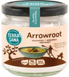 A jar labeled Terra Sana Arrowroot appears alongside a bowl of soup, a silhouette of a farmer, and icons indicating it is vegan, gluten-free, and organic. The label highlights that arrowroot is an excellent binding agent for soups and sauces. The jar is clear glass with a matte blue screw-top lid and white label featuring sans-serif typography. Background is plain white.