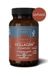 A brown bottle of Terra Nova Vollagen Complex vegetarian capsules with a matte finish, featuring a rectangular paper label with simple sans-serif typography listing product name, vegan, additive-free, and plant-based collagen alternative details. A circular badge in the top right corner reads UUTUUS!. The background is plain and neutral. No people or hands are present.