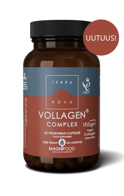 A brown bottle of Terra Nova Vollagen Complex vegetarian capsules with a matte finish, featuring a rectangular paper label with simple sans-serif typography listing product name, vegan, additive-free, and plant-based collagen alternative details. A circular badge in the top right corner reads UUTUUS!. The background is plain and neutral. No people or hands are present.