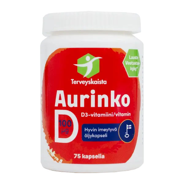 Terveyskaistan Aurinko D-vitamiini -pullo, punainen ja valkoinen designi, sisältää 75 kapselia D3-vitamiinia, 100 µg kutakin; teksti suomeksi ja ruotsiksi; pullo sylinterimäinen mattapinnalla ja punaisella korkilla; etiketissä numeroita sekä lohko- ja lihavoitua fonttia; neutraali tausta; ei ihmisiä tai käsiä näkyvissä.