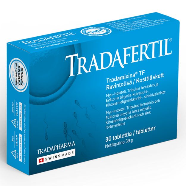 A blue rectangular box labeled TRADAFERTIL by Tradapharma, containing 30 tablets. The box has a matte surface with sans-serif typography. Visible product details printed in Finnish and Swedish, plus a Swiss made mark. No people or hands present. The background is plain white and the photo shows the front of the packaging fully in frame.