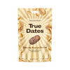 A beige pouch labeled True Dates with creamy peanut butter flavor, featuring peanuts, peanut butter swirls, and a date on the front. The packaging surface is matte. Font for the main label is bold and sans-serif, with additional text in smaller font listing no added sugar and natural flavors. Background is plain white. No people or hands visible. Medium close-up product shot.