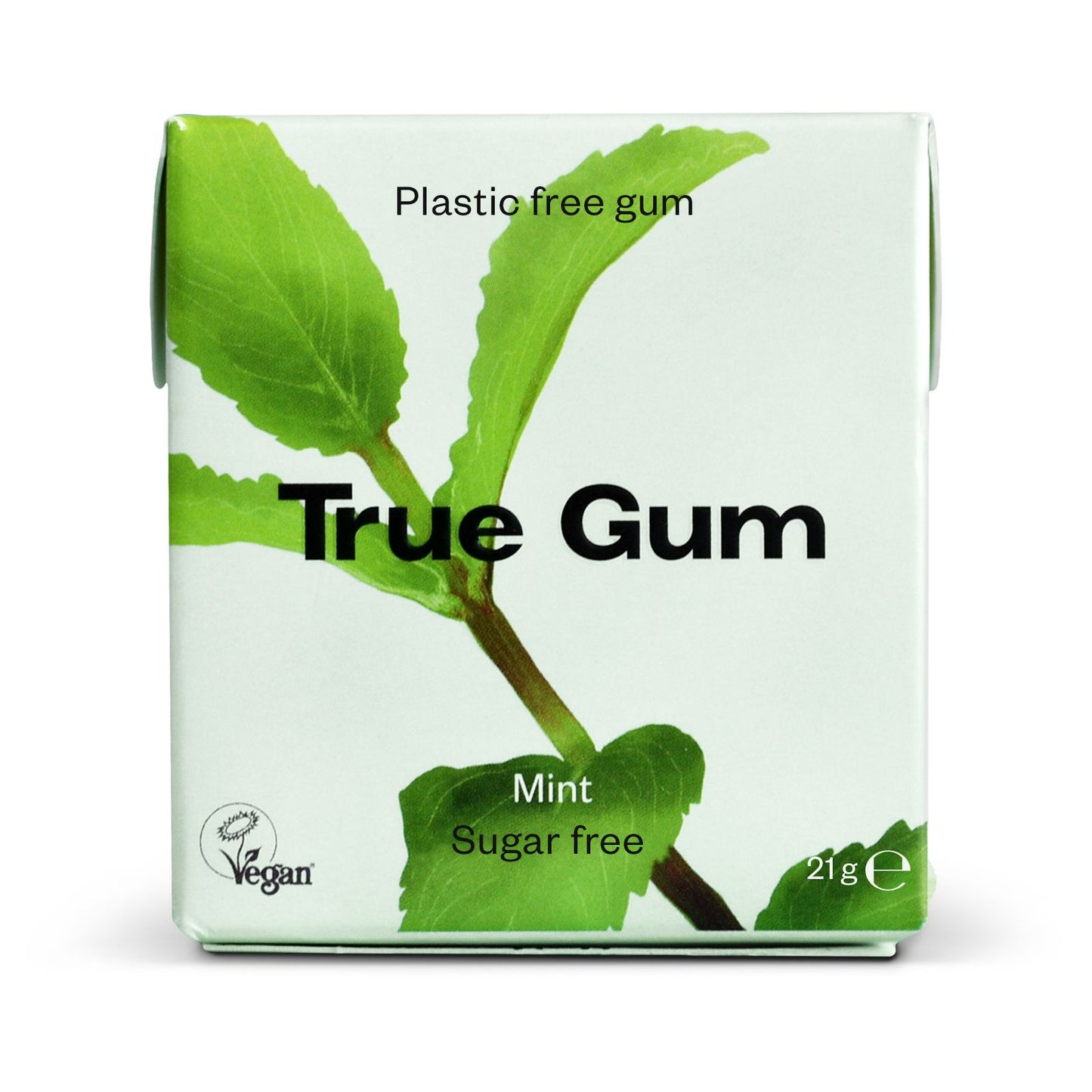 A box of True Gum, labeled plastic free and vegan, mint flavor, sugar free, weighing 21g. The rectangular box has a matte white surface with green illustrations of mint leaves on the front. Main label text uses a bold sans-serif font in black; additional descriptors are smaller and lighter-weight. No people or hands visible. The background is plain white, matching the packaging. Shot is front-facing at eye level.