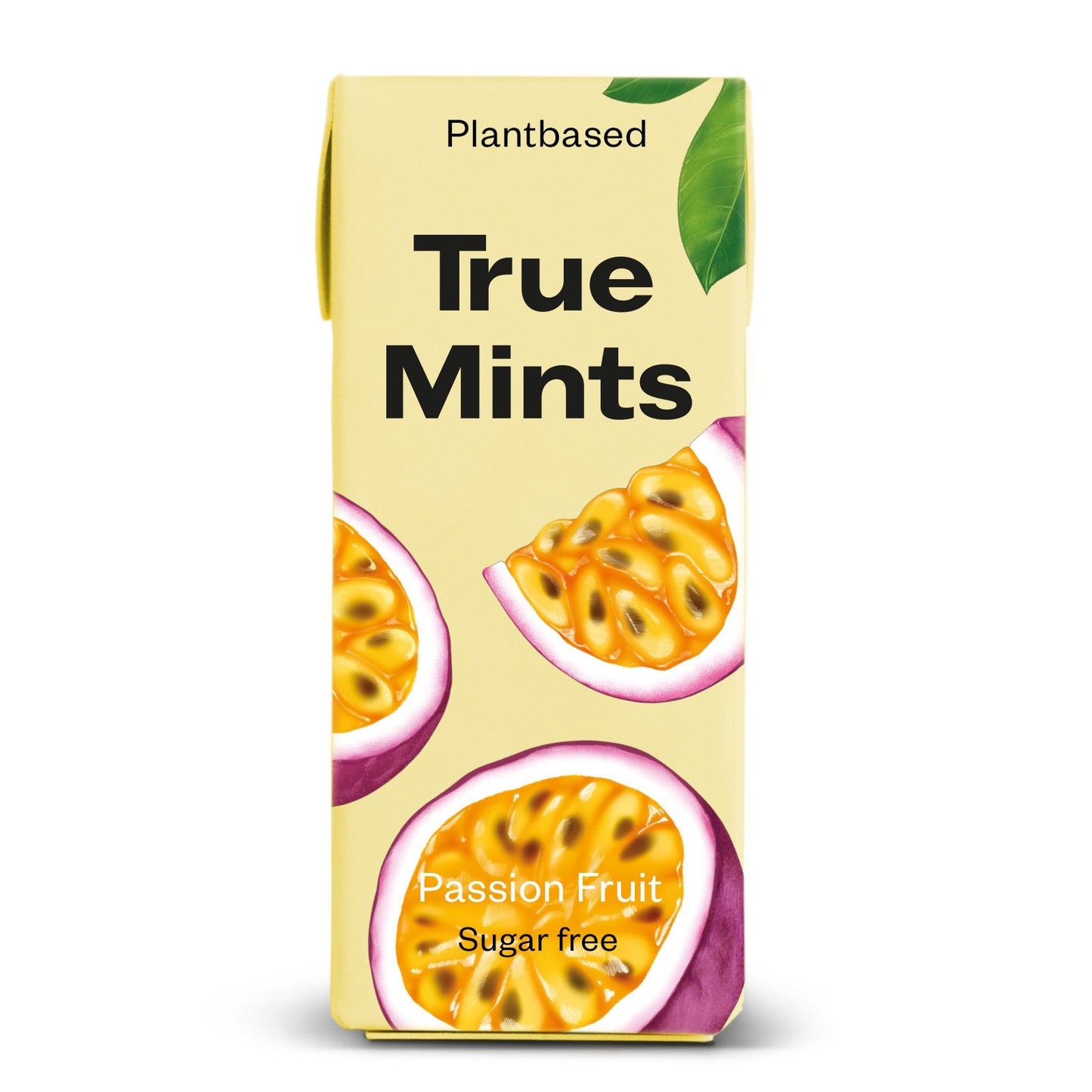 A yellow box of True Mints, labeled Plantbased and Sugar free, features images of passion fruit on the front. The box is rectangular with a matte finish and printed graphics, including photographic passion fruit images and modern sans-serif typography. Shot against a plain background with no people or hands visible. With a refreshing Passion Fruit flavor, these mints are perfect for those seeking a delicious plant-based treat.