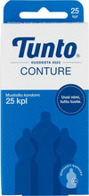 A blue and white box of Tunto Conture condoms, labeled 25 kpl (25 pieces), features stylized condom silhouettes and Finnish text. Rectangular cardboard packaging with a matte surface, sans-serif type in blue and black, some words bolded. The design includes repeated outline graphics. No people or hands visible. Plain white background with even lighting; product centered in frame, shot from the front.