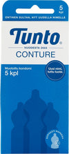 A blue box of Tunto Conture condoms featuring three condom silhouettes, text in Finnish, and a circular label stating Uusi nimi, tuttu tuote. The surface finish is matte. Box is rectangular with clean lines. Typography on the packaging is sans-serif and white. The quantity “5” appears on front. The image background is plain white, with no people or additional objects visible in the shot.