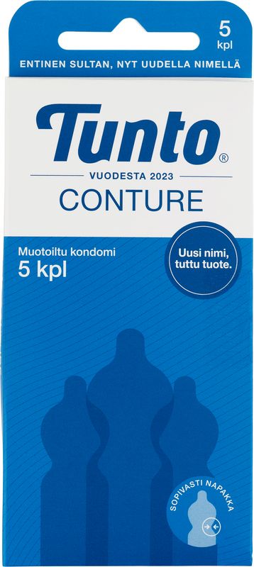 A blue box of Tunto Conture condoms featuring three condom silhouettes, text in Finnish, and a circular label stating Uusi nimi, tuttu tuote. The surface finish is matte. Box is rectangular with clean lines. Typography on the packaging is sans-serif and white. The quantity “5” appears on front. The image background is plain white, with no people or additional objects visible in the shot.