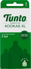 Tunto Kookas XL Kondomi; vihreä-valkoinen laatikko Tunto Kookas XL -kondomeille, suomenkielinen teksti ja kondomien siluettikuvat, sisältää 5 kappaletta isokokoisia lateksikondomeja; laatikko suorakulmainen mattapinnalla; typografia lihavoitua sans-serifiä tummanvihreänä ja mustana; tausta valkoinen ilman ihmisiä tai käsiä, kuvassa vain pakkauksen etuosa.