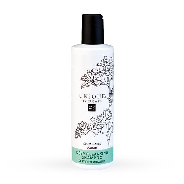 Unique Haircare Syväpuhdistava Shampoo 250 ml – luomusertifioitu shampoo valkoisessa pullossa