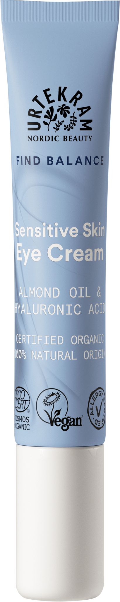 A tube of Tekram Nordic Beauty Sensitive Skin Eye Cream with almond oil and hyaluronic acid. The tube is cylindrical, plastic, with a matte finish and a light blue to white gradient. Certification logos are printed on the front. Sans-serif typeface is used for product name and details. The shot is against a plain background with no people or objects visible.