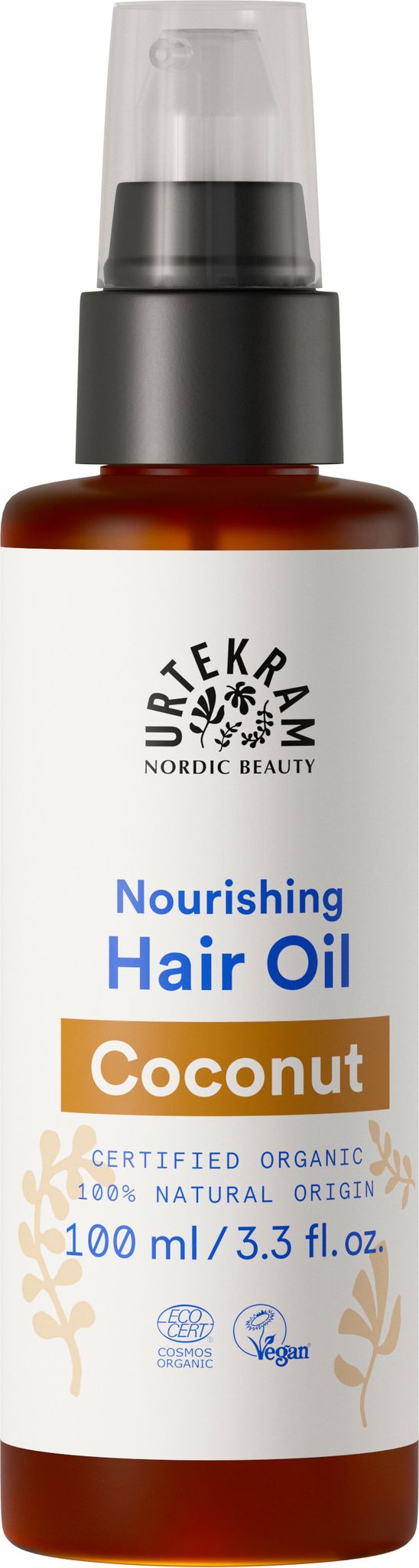 A bottle of Urtekram Nordic Beauty Nourishing Hair Oil, Coconut variety, 100 ml. The bottle is cylindrical with a pump dispenser and transparent body, showing light yellow oil inside. Label is matte, beige with dark text in sans-serif font. Legible label notes certified organic, vegan, 100% natural origin ingredients, coconut oil. No people or hands visible; plain white background; centered product shot.