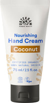 A 75 ml tube of Urtekram Nourishing Hand Cream Coconut, labeled as certified organic, 100% natural origin, and vegan. The tube is opaque white with gold and blue accent bands and features a matte finish. The product is in a squeezable plastic tube with a flat flip-top cap. Label text uses sans-serif fonts in various weights. There are no people or hands visible. The background is plain and evenly lit. This image shows only the product on its own.