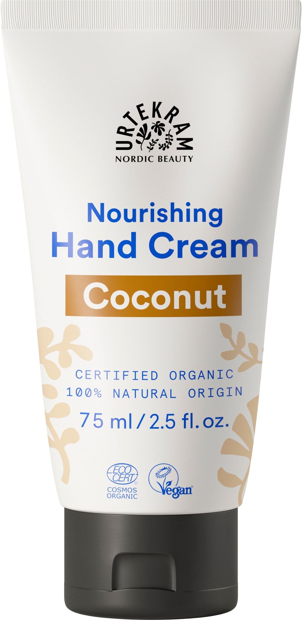 A 75 ml tube of Urtekram Nourishing Hand Cream Coconut, labeled as certified organic, 100% natural origin, and vegan. The tube is opaque white with gold and blue accent bands and features a matte finish. The product is in a squeezable plastic tube with a flat flip-top cap. Label text uses sans-serif fonts in various weights. There are no people or hands visible. The background is plain and evenly lit. This image shows only the product on its own.