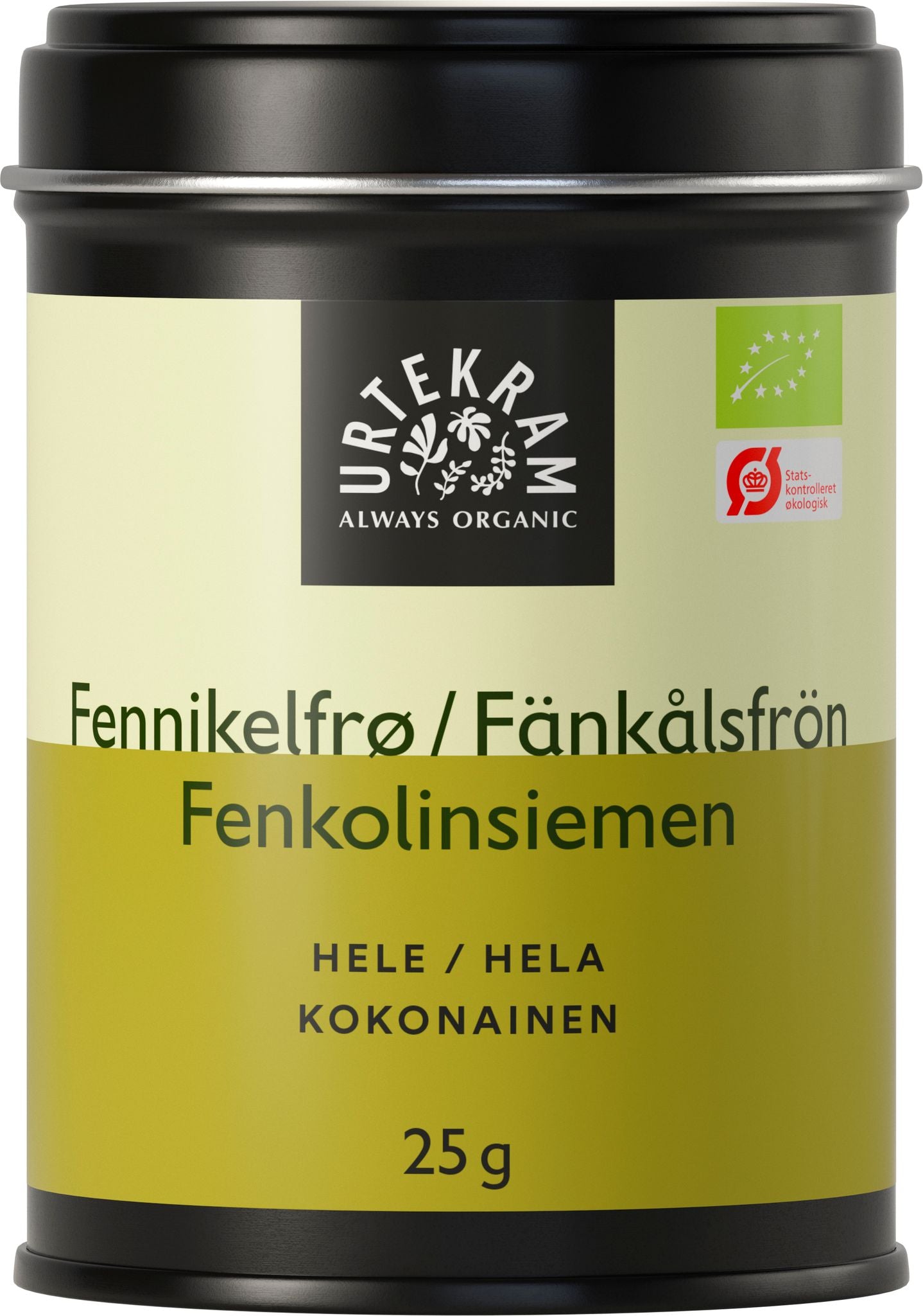 A cylindrical container of Urtekram organic fennel seeds, labeled in multiple languages, features a green and black matte design and contains 25 grams of aromatic fennel seeds. The container is metal with a plastic lid. Text is clear, using sans-serif fonts for brand and product details. The package sits upright on a plain white background in a centered, well-lit studio shot. No people or hands are present.
