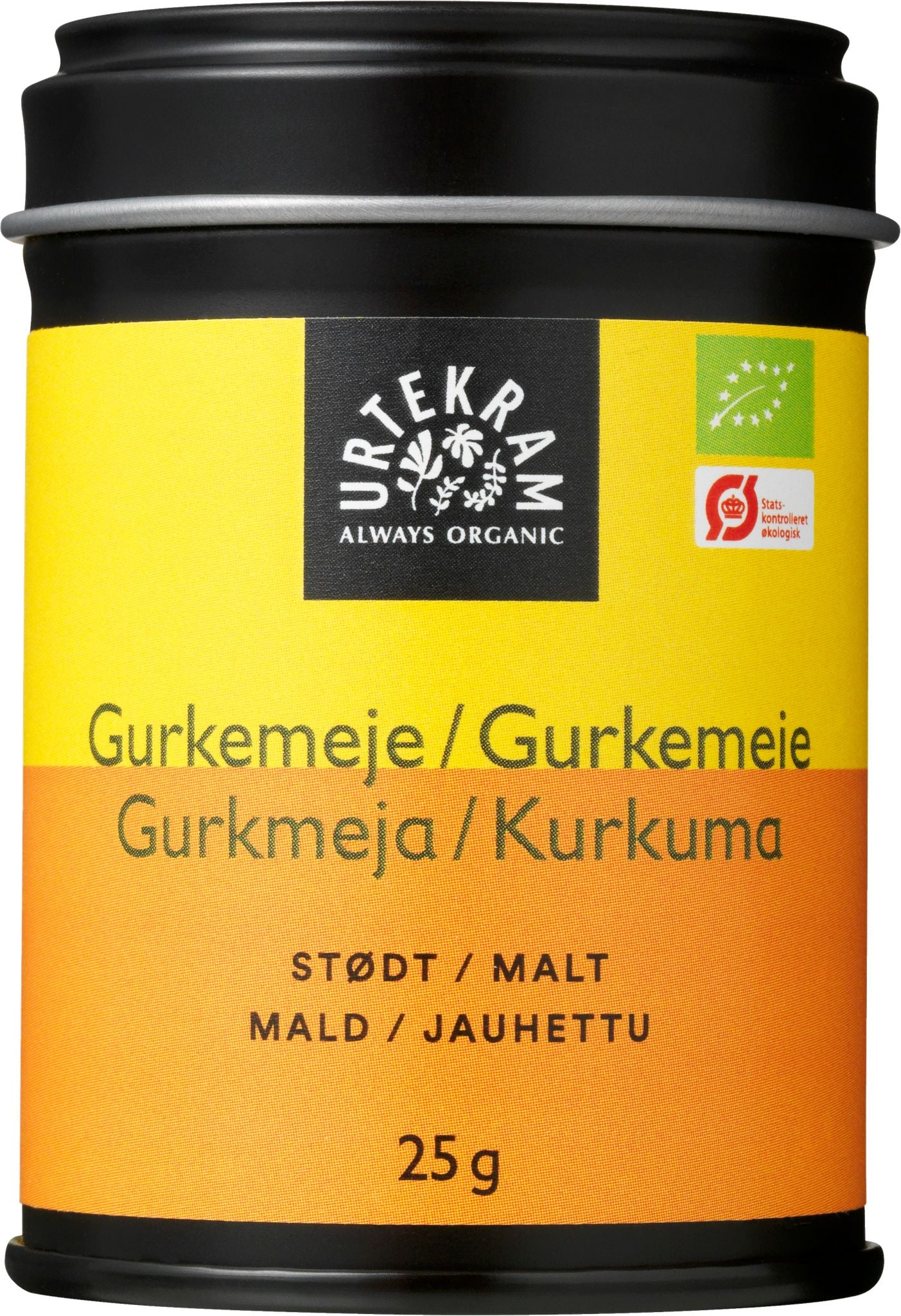 A 25g tin of Urtekram organic ground turmeric features a vibrant yellow and orange label displaying the product name in multiple languages alongside the brand’s logo. The cylindrical metal tin has a matte silver finish and is topped with a silver lid. The label uses bold sans-serif fonts for main text, additional smaller text for ingredients or details, and the background is solid white with no props or people present.