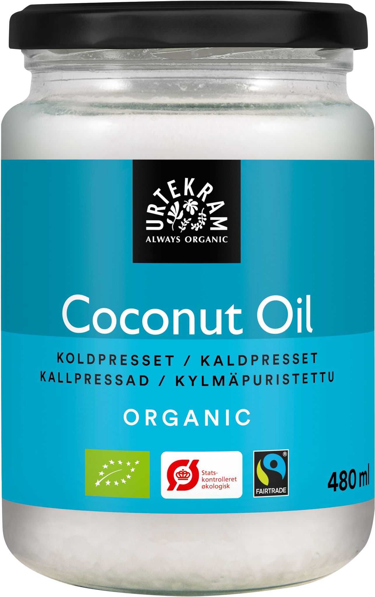A jar of Urtekram organic coconut oil with a blue label, assorted certifications, and a white lid. The cylindrical glass jar has a glossy surface and contains 480 ml as stated on the multilingual label. Bold sans-serif typography is visible for the brand and product name. No people or actions are present; plain background. Wide product shot.