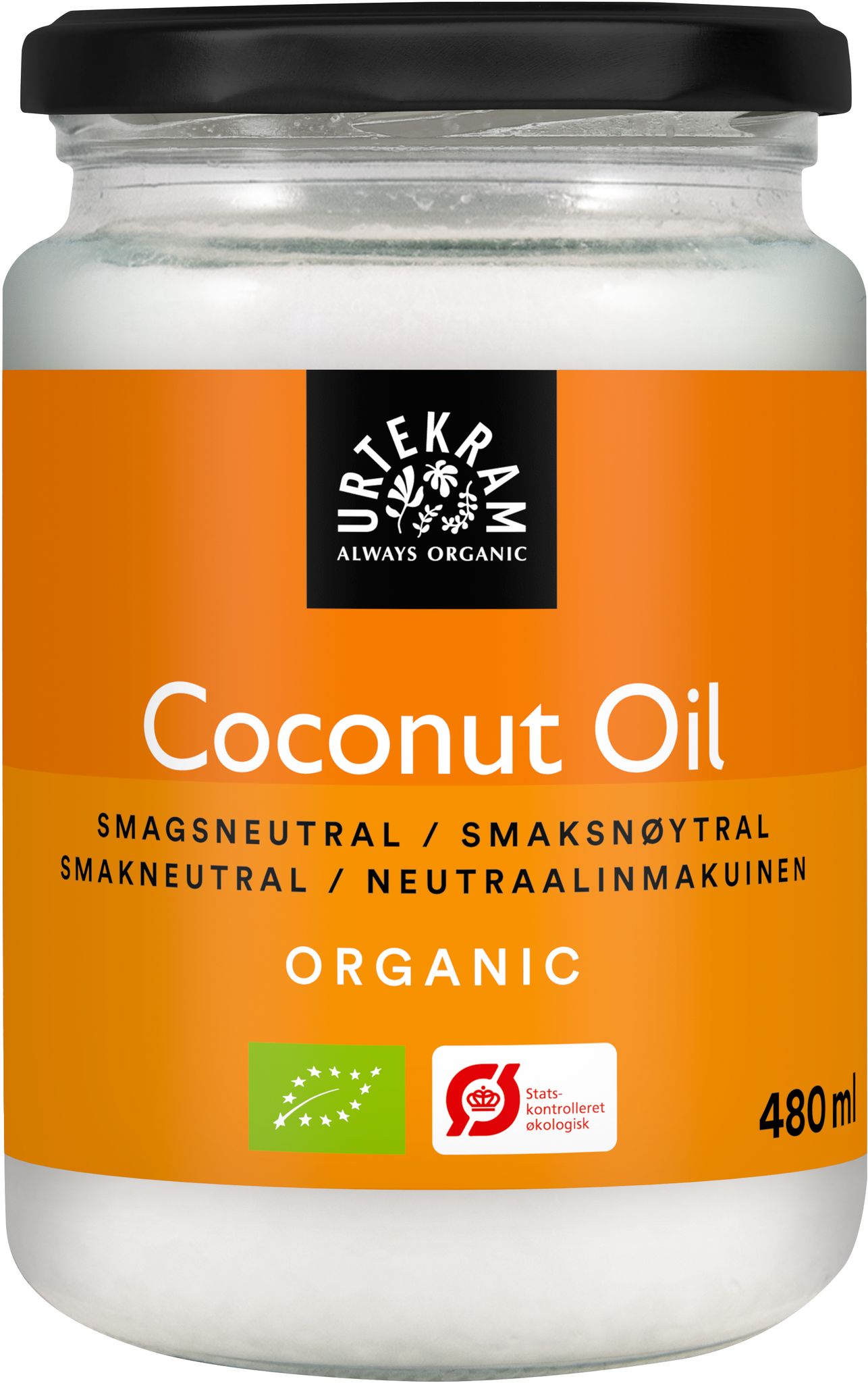A jar of Urtekram Organic Coconut Oil with an orange label, displaying its 480 ml size, flavor-neutral profile, and organic certification logos. The jar is cylindrical, transparent glass with a metallic screw-on lid. The label has sans-serif white text on an orange background and includes certification symbols. Neutral background; no people or hands visible; studio product shot.