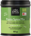 A 50g container of Urtekram Organic Pasta Spice Mix, featuring a mild blend of oregano, basil, and sweet paprika. This flavorful mix is perfect for soups, pasta, and tomato-based Italian dishes. The product is in a cylindrical clear plastic container with a green matte screw-on lid. The front label includes the brand name “Urtekram” in bold white sans-serif letters on a dark background; other text is smaller and legible below. The background is plain white with no additional props or people visible. Shot