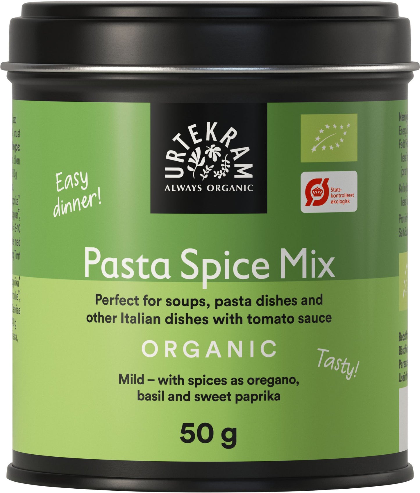 A 50g container of Urtekram Organic Pasta Spice Mix, featuring a mild blend of oregano, basil, and sweet paprika. This flavorful mix is perfect for soups, pasta, and tomato-based Italian dishes. The product is in a cylindrical clear plastic container with a green matte screw-on lid. The front label includes the brand name “Urtekram” in bold white sans-serif letters on a dark background; other text is smaller and legible below. The background is plain white with no additional props or people visible. Shot