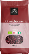 A 350g bag of Urtekram organic kidney beans with a clear window displaying the vibrant beans. Packaging is red and white with matte finish, rectangular in shape. Multilingual text and certification logos are printed in a sans-serif font. The product name and weight are prominently displayed. The background is plain and contains no additional objects or people.