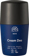 A blue and black roll-on deodorant bottle labeled Urtekram Nordic Beauty Men Cream Deo, featuring certifications for organic ingredients and vegan product. Cylindrical shape with a rounded cap, matte plastic surface, bold white sans-serif typography on both label and cap. Flat lay product shot against a plain white background. No people or hands are visible.