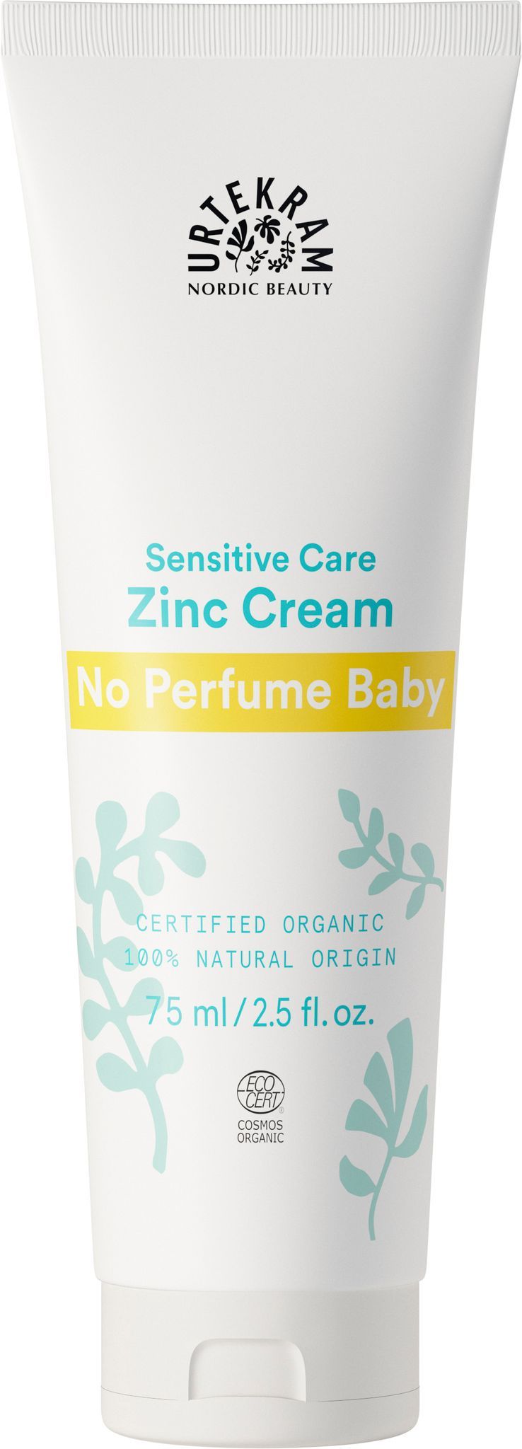 Urtekram No Perfume Baby Sinkkivoide, tuubi vauvojen sinkkivoiteelle merkittynä "Sensitive Care", "No Perfume Baby" ja "Certified Organic"; pakkaus valkoinen mattapintainen puristustuubi litteällä läppäkorkilla; tekstin värit sinistä ja keltaista, etusivulla vihreitä lehtikuvituksia; fonttityyli moderni ja groteskinen; kuvan tausta valkoinen, ei ihmisiä eikä lisäesineitä näkyvissä.