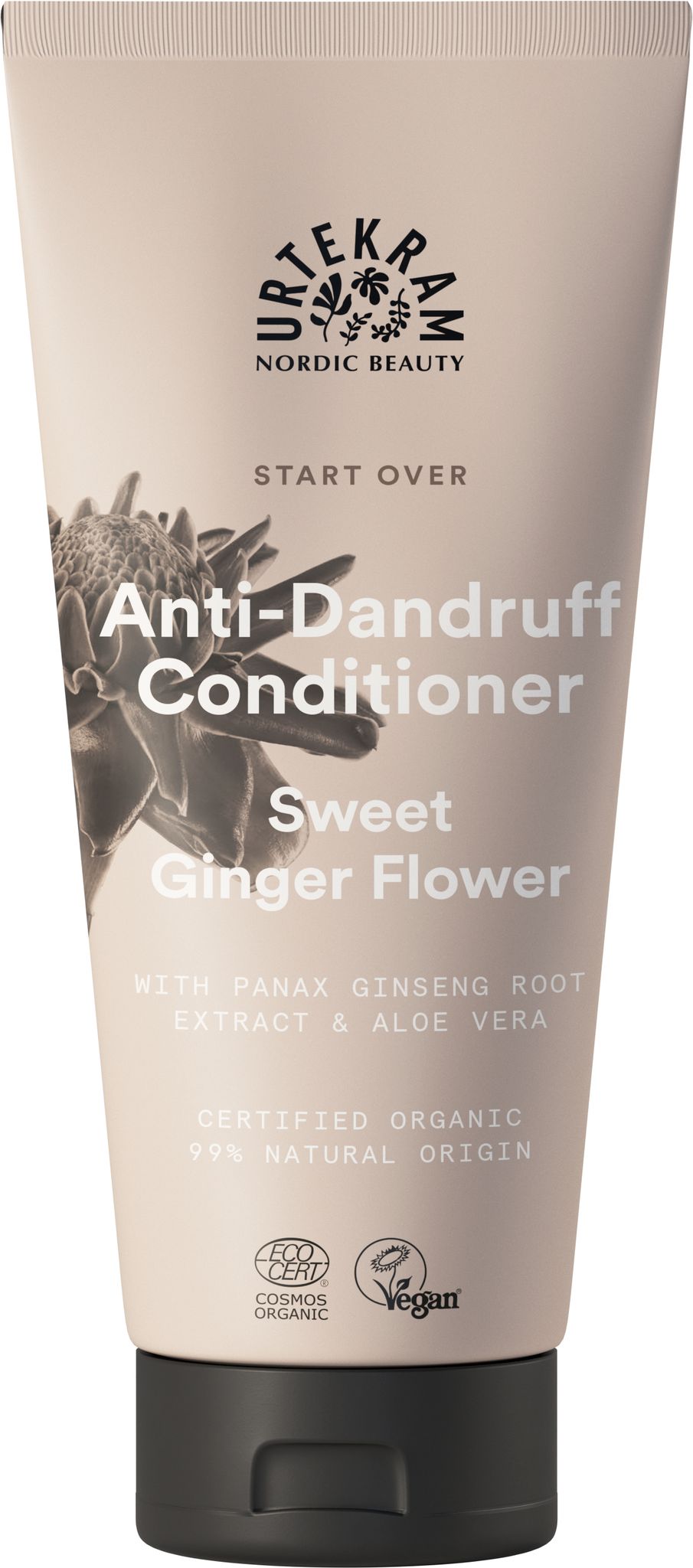 A tube of Urtekram Anti-Dandruff Conditioner, Sweet Ginger Flower scent, featuring panax ginseng root extract, aloe vera, certified organic ingredients, and vegan certification. The tube is light blue with a matte finish and a flip-top cap. Label text is centered in sans-serif font. No people or hands are visible. Simple studio background with no props or setting elements.
