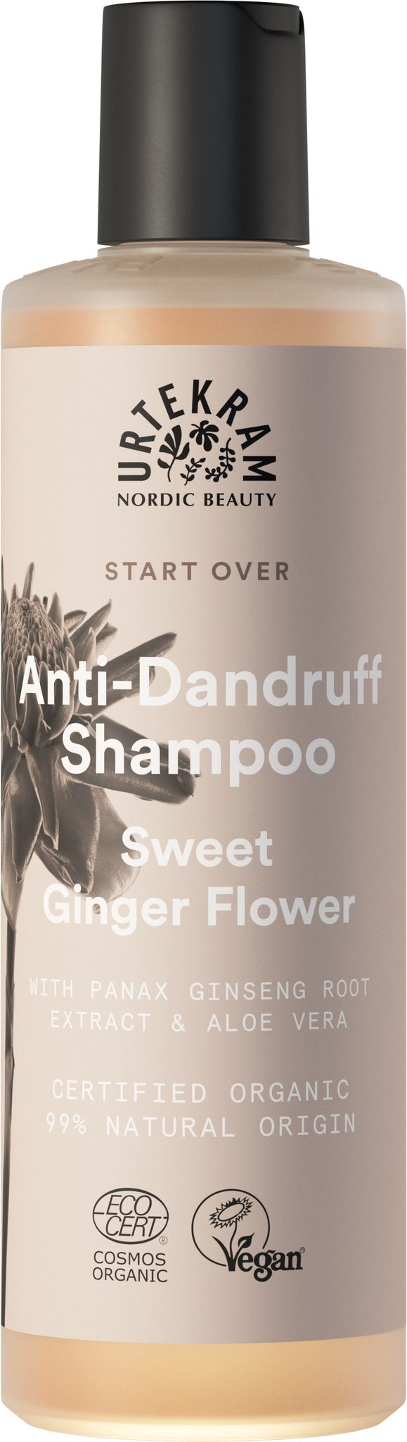 A bottle of Urtekram Anti-Dandruff Shampoo, Sweet Ginger Flower, featuring vegan and organic certifications, with ingredients like Panax ginseng root extract and aloe vera, plus a beige cap. The bottle is cylindrical with a matte finish. Label uses modern sans-serif typography in white against an orange-brown background. No people or hands present. Set against a plain white backdrop in a centered product shot.