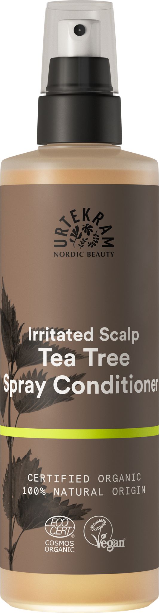 A bottle of Urtekram Nordic Beauty Irritated Scalp Tea Tree Spray Conditioner featuring tea tree and carrying organic and vegan certifications on the label. Bottle is green with a white spray nozzle, cylindrical shape, matte finish. Label shows product name in bold sans-serif type, plus smaller icons and text for certifications. The background is plain white with even lighting. No people or hands are present.