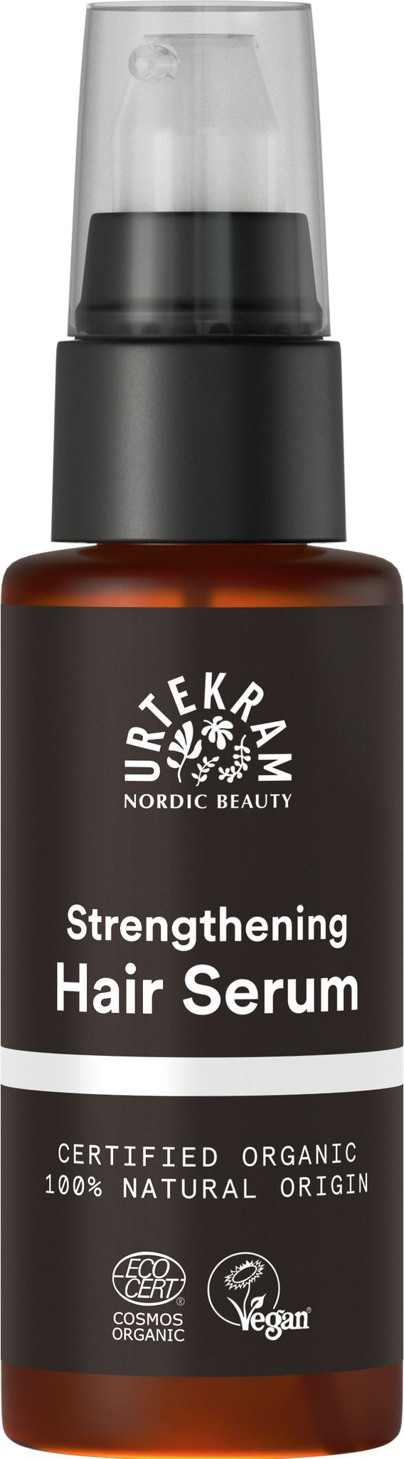 Urtekram Strengthening Hair Serum 50 ml pumppupullo, Ecocert Cosmos Organic- ja Vegan-merkit