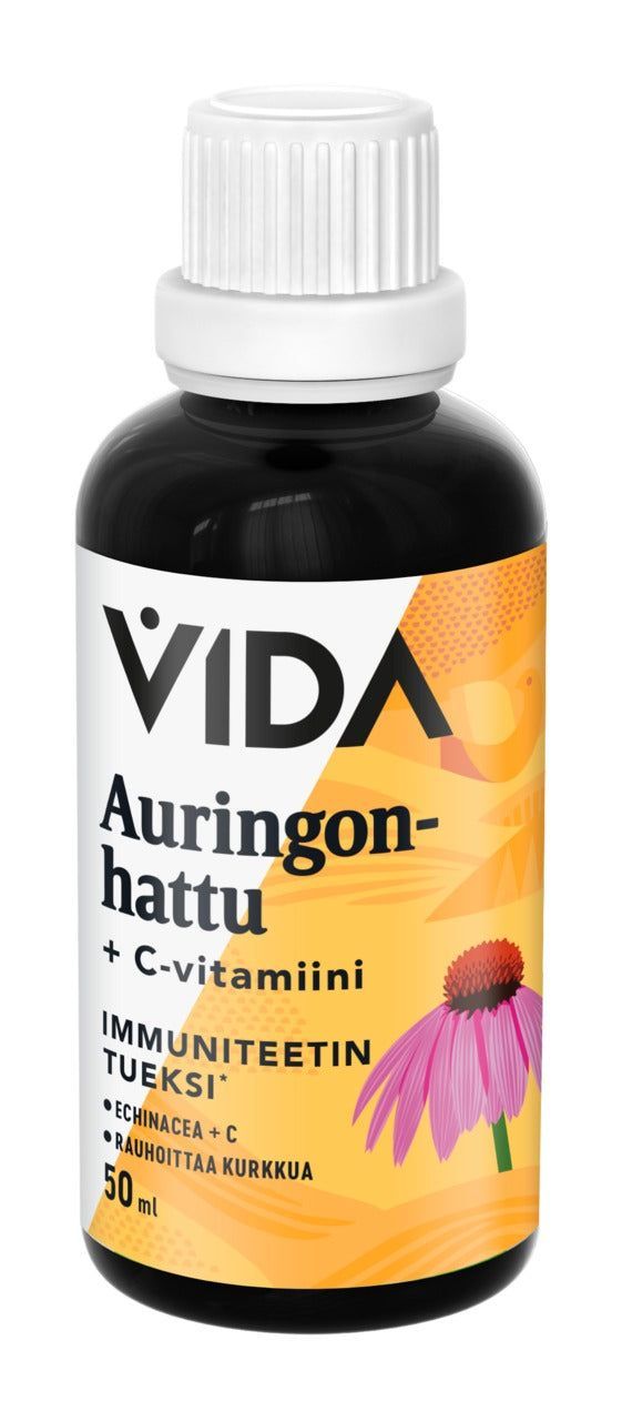 Vida Auringonhattu + C; pullo VIDA Auringonhattu + C-vitamiini -nestemäiselle ravintolisälle oranssilla etiketillä ja auringonhattukukalla sekä suomenkielisellä tekstillä luonnollisesta immuunipuolustuksen tuesta; pullo tummansävyistä lasia valkoisella muovisella kierrekorkilla, lieriön muotoinen ja kiiltäväpintainen; oranssi etiketti kiertyy kokonaan ympäri, sans-serif-teksti valkoisena ja tummanoranssina; tuote valkoista taustaa vasten, ei ihmisiä tai käsiä; tasainen studiovalaistus.