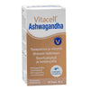 A box of Vitacell Ashwagandha vegan capsules, made in Finland, features text highlighting benefits for stress management, energy, and stamina. Each box contains 60 capsules (30g total). White rectangular cardboard packaging with green and grey accents; sans-serif font in bold and regular weights; product details centered on front; no people or hands visible; photographed against a plain light surface.