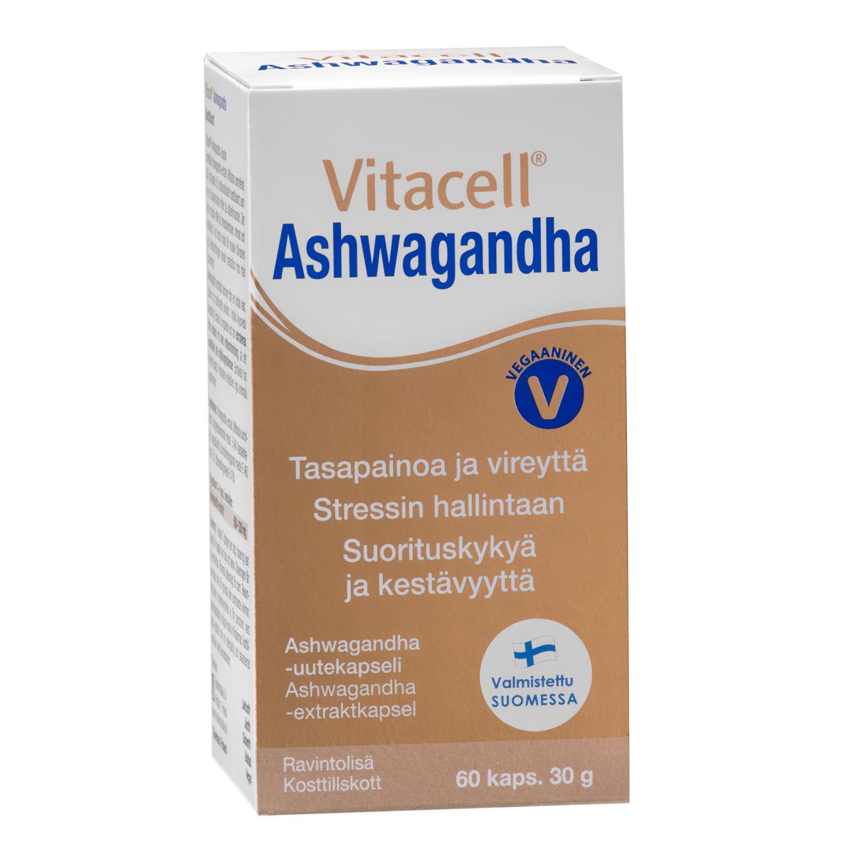 A box of Vitacell Ashwagandha vegan capsules, made in Finland, features text highlighting benefits for stress management, energy, and stamina. Each box contains 60 capsules (30g total). White rectangular cardboard packaging with green and grey accents; sans-serif font in bold and regular weights; product details centered on front; no people or hands visible; photographed against a plain light surface.