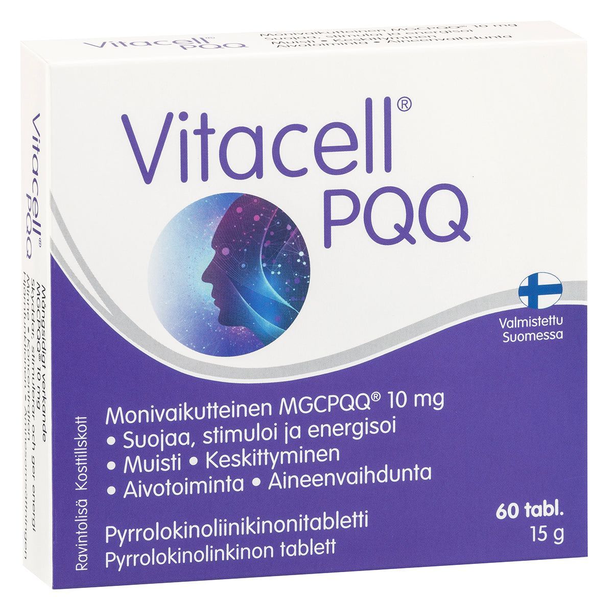 Vitacell PQQ -ravintolisätabletit; suomenkielistä tekstiä, aivokuvitus sekä "Made in Finland" -logo; pakkauksessa 60 tablettia (15 g), monivärisiä korostuksia ja tunnistettava violetti brändiväri; suorakulmainen, kiiltäväpintainen pahvipakkaus, pääväri valkoinen; groteskifontit eri kokoina; vaalea tausta, ei ihmisiä; kuvassa vain pakkauksen etupaneeli.