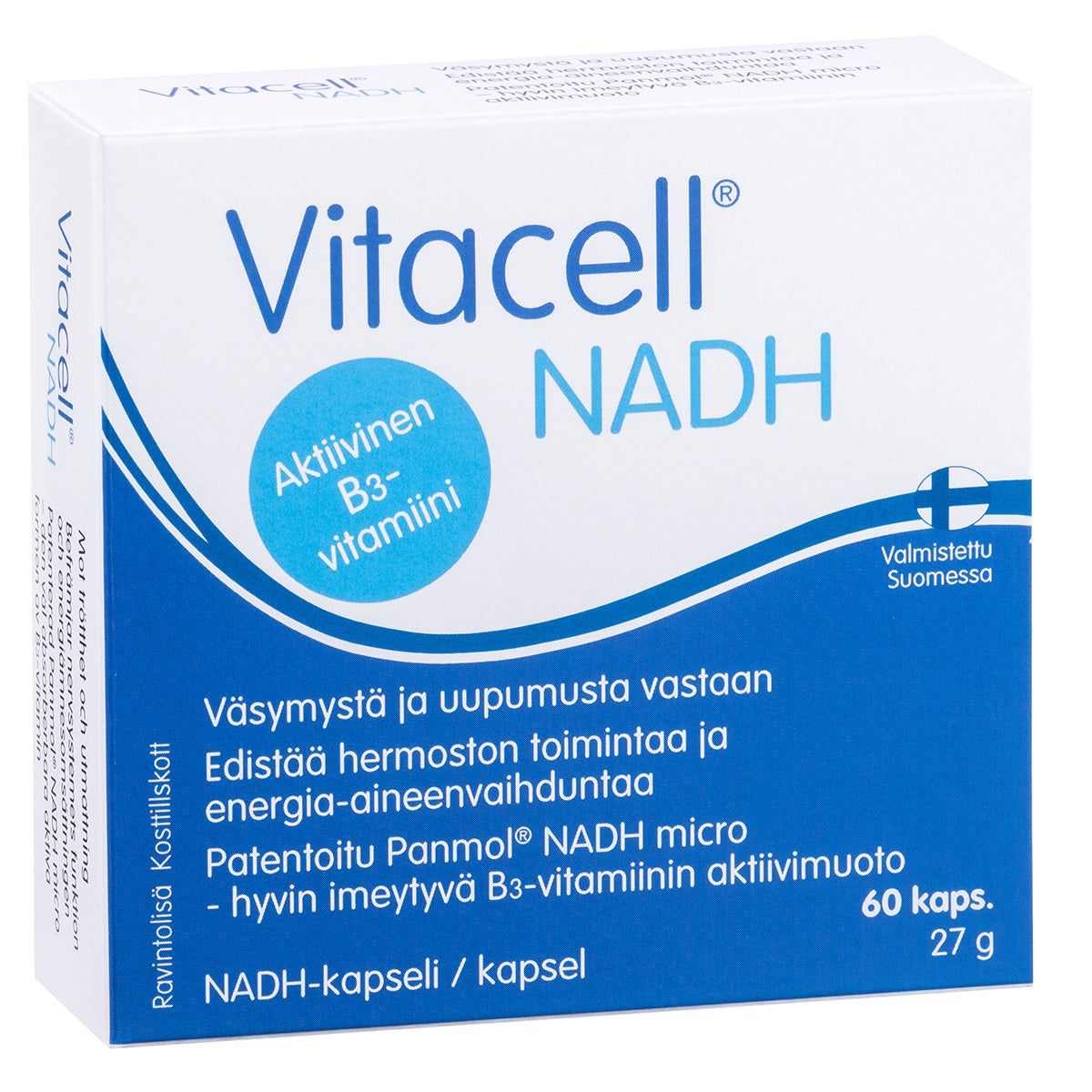 A box of Vitacell NADH supplements with Finnish text describing benefits for fatigue and energy support, showing 60 capsules per pack. Rectangular box with a matte white and blue surface, round white label on the front with clear printed text “Aktiivinen B3-vitamiini (Active B3 vitamin)”. Simple bold sans-serif typeface. No people or hands present. Plain background, standard product photo angle.