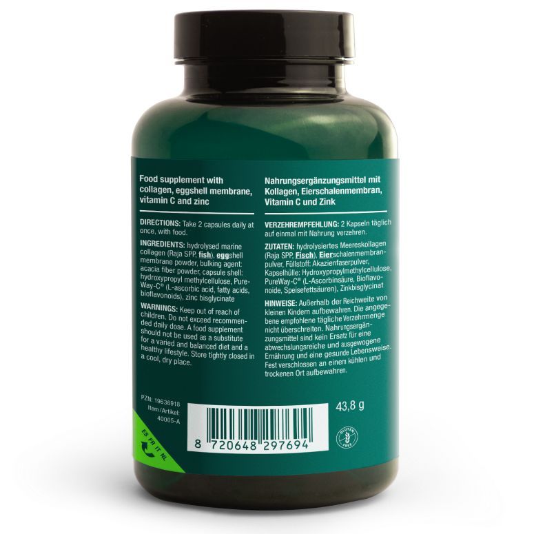 Vitalized Collagen Caps; tummanvihreä pullo, jonka etiketissä ravintosisältötiedot, käyttöohjeet, ainesosat ja varoitukset englanniksi ja saksaksi; etiketti mattapintainen selkeällä valkoisella ja mustalla groteskitekstillä; viivakoodi ja kierrätysmerkinnät painettu etiketin alaosaan; tuote kuvattu pystyssä valkoista taustaa vasten, ei ihmisiä tai käsiä.